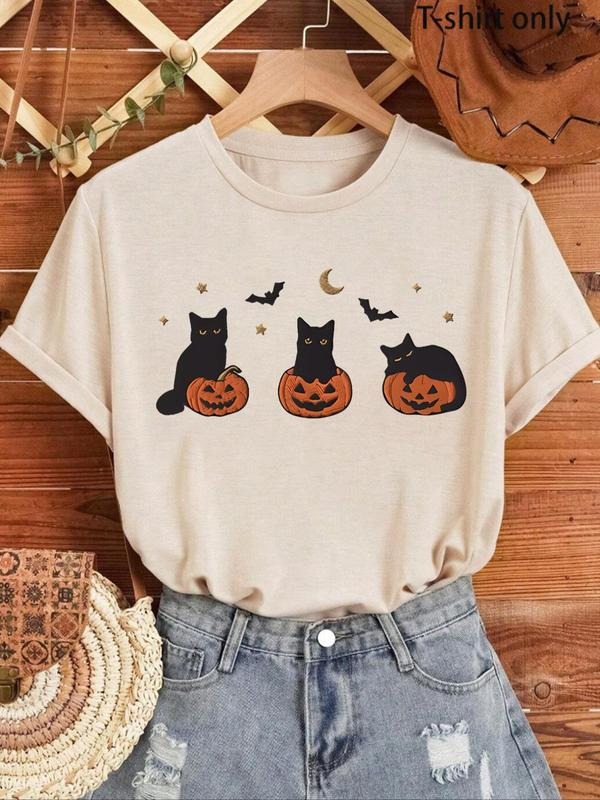 Women'WB shield Halloween Cartoon Cat & Pumpkin Print Round Neck Tee, Fashion Casual Short Sleeve T-shirt, Ladies Summer...