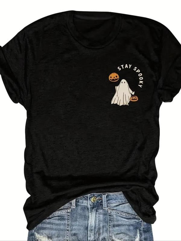 Women'WB shield Halloween Cartoon Ghost & Letter Print Round Neck Graphic Tee, Vintage Trendy Casual Short Sleeve T-shirt for Daily Wear, Ladies Summer Outfit