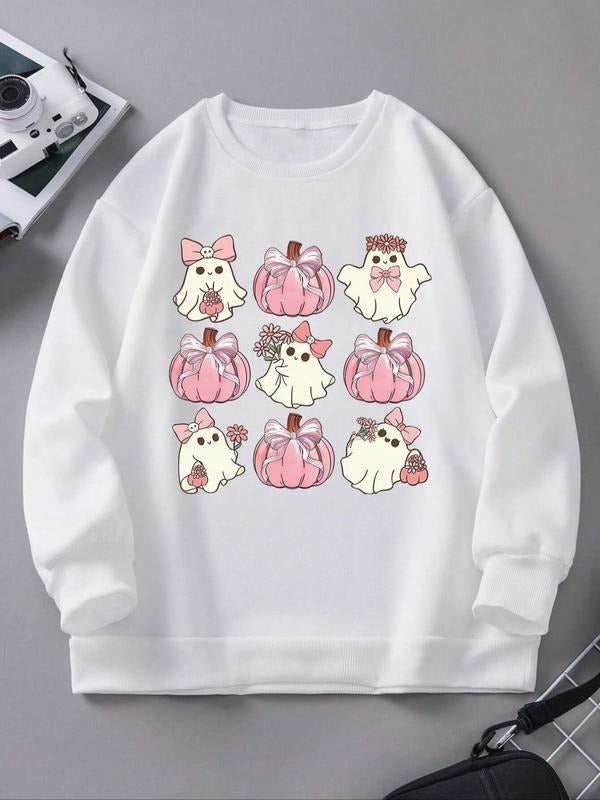 Women'WB shield Halloween Cartoon Ghost & Pumpkin Print Drop Shoulder TNF Lined Sweatshirt, Casual Long Sleeve Round Neck...