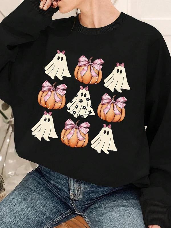 Women'WB shield Halloween Cartoon Ghost & Pumpkin Print Drop Shoulder TNF Lined Sweatshirt, Casual Long Sleeve Round Neck...
