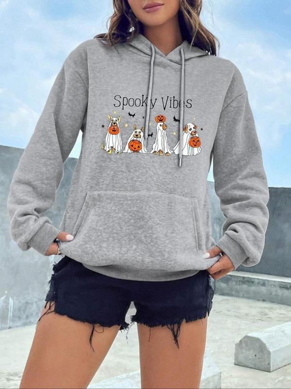 Women'WB shield Halloween Cartoon Ghost Print Drop Shoulder Drawstring Hoodie, Casual Long Sleeve Kangaroo Pocket Hooded...