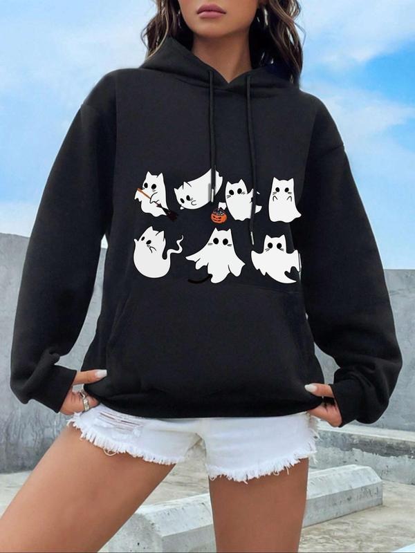 Women'WB shield Halloween Cartoon Ghost Print Drop Shoulder Drawstring Hoodie, Fashion Casual Kangaroo Pocket Hooded...