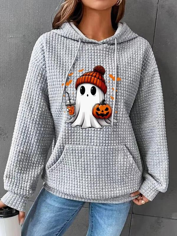 Women'WB shield Halloween Cartoon Ghost Print Drop Shoulder Textured Hoodie, Fashion Casual Drawstring Pocket Hooded...