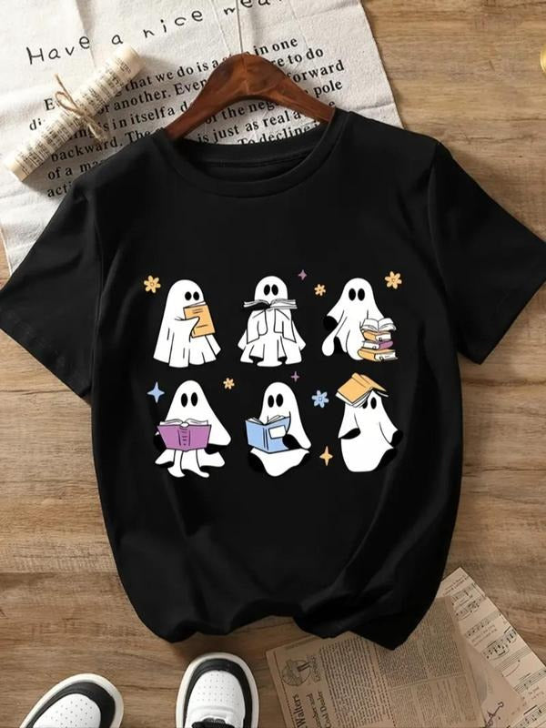 Women'WB shield Halloween Cartoon Ghost Print Round Neck Tee, Cute Short Sleeve T-Shirt for Summer, Women'WB shield Top...