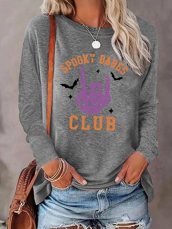 Women'WB shield Halloween Cartoon Graphic Print Round Neck T-shirt, Fashion Casual Long Sleeve Tee, Women'WB shield Top...
