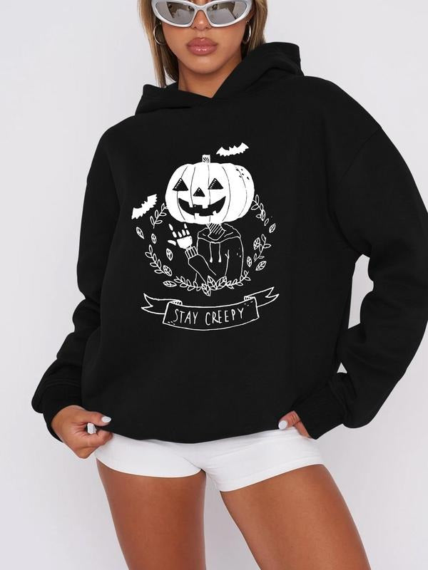 Women'WB shield Halloween Cartoon Pumpkin & Letter Print Drop Shoulder Hoodie, Trendy Long Sleeve Hooded Sweatshirt for...