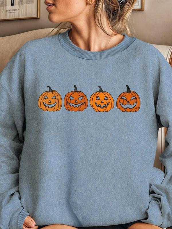 Women'WB shield Halloween Cartoon Pumpkin Print Drop Shoulder Sweatshirt, Casual Long Sleeve Round Neck Pullover for...