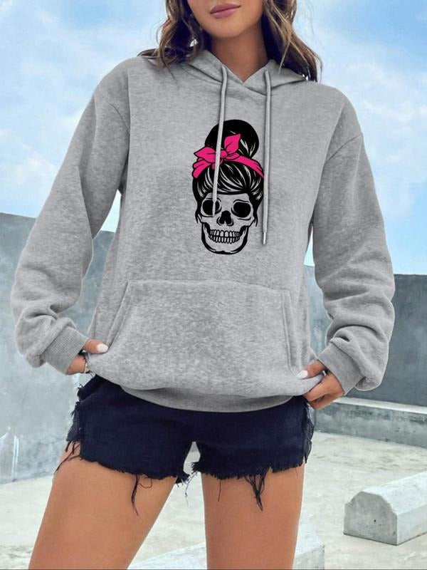Women'WB shield Halloween Cartoon Skull Print Drop Shoulder Drawstring Hoodie, Fashion Casual Pocket Hooded Sweatshirt...
