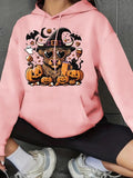 Women'WB shield Halloween Dog & Pumpkin Drop Shoulder Hoodie, Fashion Casual Drawstring Pocket Hooded Sweatshirt for Daily Holiday Outdoor Wear, Women Clothing for Fall & Winter