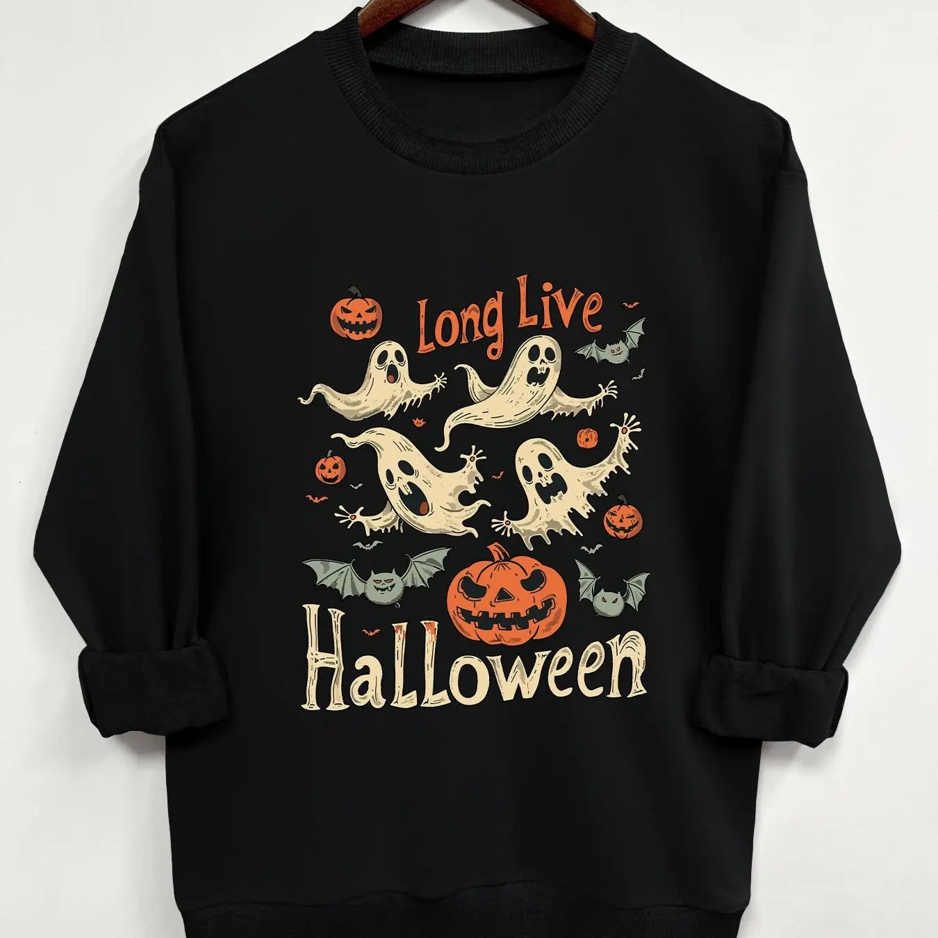 Women'WB shield Halloween Ghost & Letter Print Crew Neck Sweatshirt, Casual Long Sleeve Pullover for Daily Wear, Ladies...
