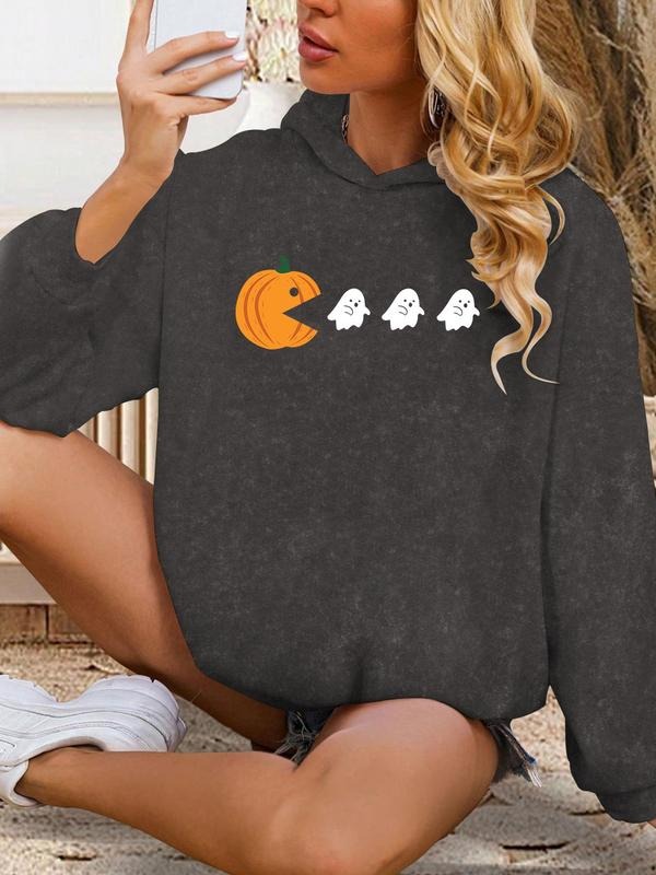 Women'WB shield Halloween Ghost Graphic Print Drop Shoulder Hoodie, Fashion Casual Long Sleeve Hooded Sweatshirt for...