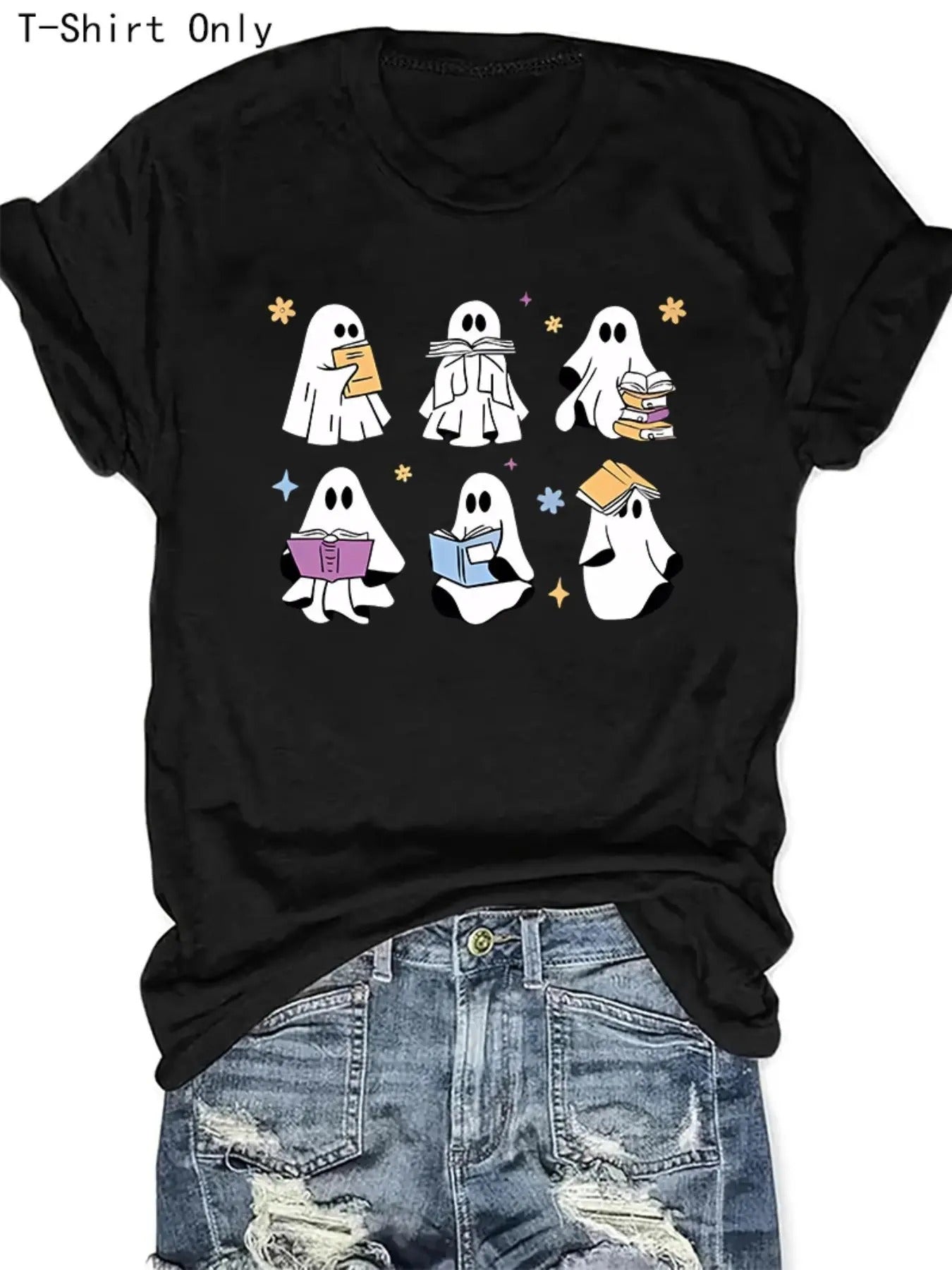Women'WB shield Halloween Ghost Print Round Neck Tee, Casual Short Sleeve Crew Neck T-Shirt for Summer, Fashion Women'WB...