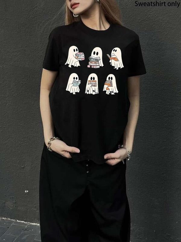 Women'WB shield Halloween Ghost Print Round Neck Tee, Casual Short Sleeve Crew Neck T-shirt for Daily Wear, Ladies...