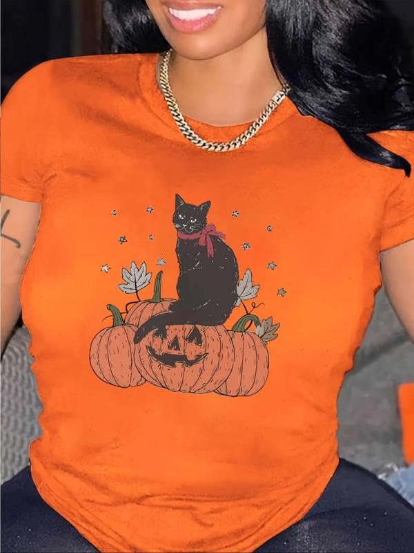 Women'WB shield Halloween Pumpkin & Cat Print Round Neck Tee, Casual Short Sleeve Crew Neck T-shirt for Summer, Fashion...