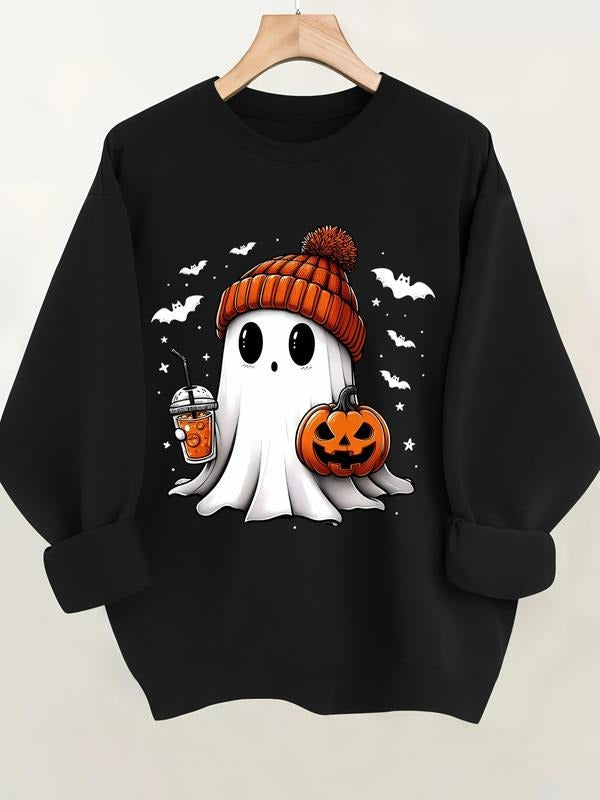 Women'WB shield Halloween Pumpkin Print Pullover Sweatshirt, Casual Fitted Long Sleeve Top for Fall & Winter, Comfortable...