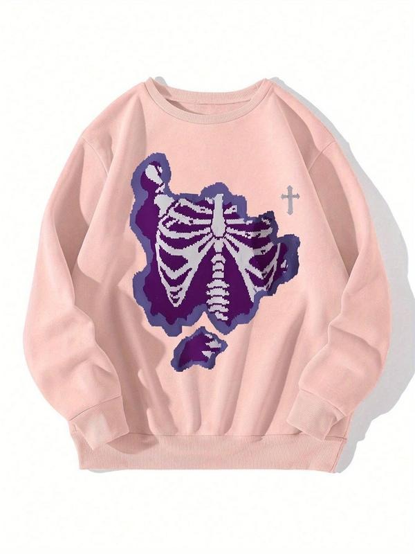 Women'WB shield Halloween Skeleton & Cross Print Drop Shoulder Sweatshirt, Casual Long Sleeve Round Neck TNF Lined...