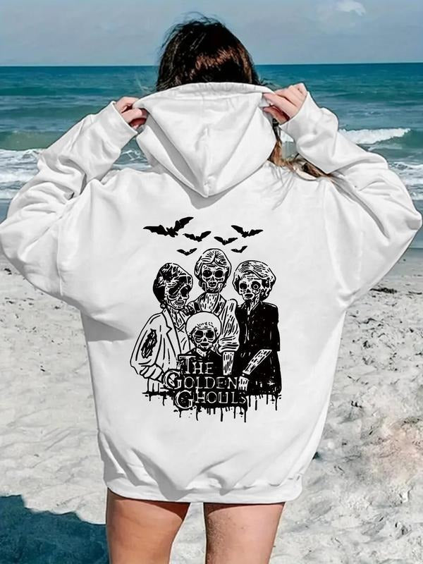 Women'WB shield Halloween Skeleton & Letter Print Drop Shoulder Hoodie, Fashion Casual Drawstring Pocket Hooded...