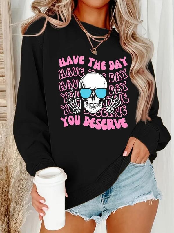 Women'WB shield Halloween Skeleton & Letter Print Drop Shoulder Sweatshirt, Casual Long Sleeve Round Neck Pullover for...