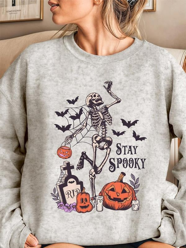 Women'WB shield Halloween Skeleton & Letter Print Drop Shoulder Sweatshirt, Casual Long Sleeve Round Neck Pullover for...