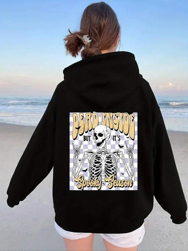 Women'WB shield Halloween Skeleton Print Drop Shoulder Hoodie, Fashion Casual Drawstring Pocket Hooded Sweatshirt for...