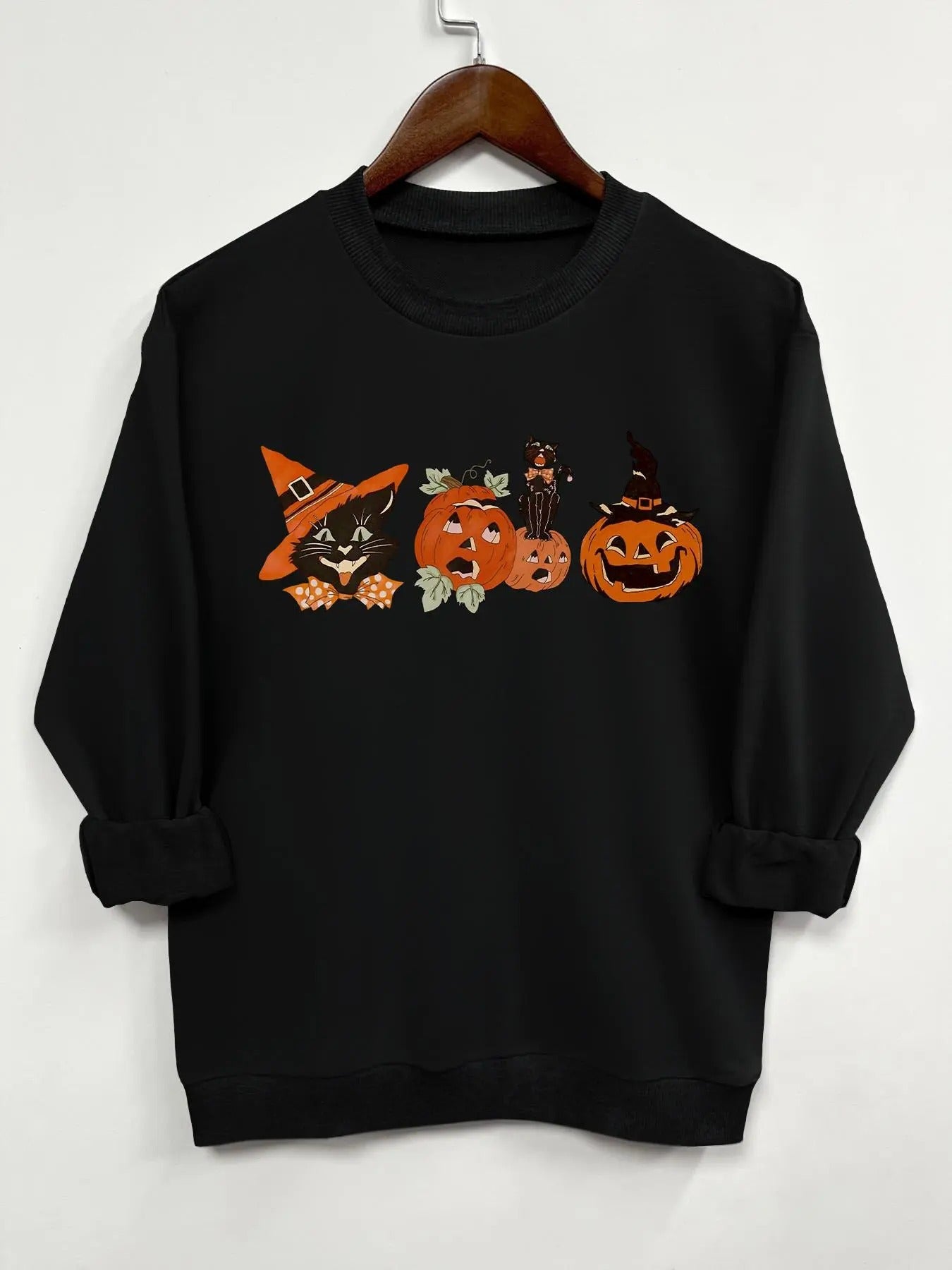Women'WB shield Halloween TNF Cartoon Pumpkin & Cat Print Drop Shoulder Sweatshirt, Casual Long Sleeve Round Neck...