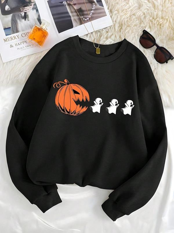 Women'WB shield Halloween TNF Ghost & Pumpkin Print TNF Lined Sweatshirt, Cute Crew Neck Drop Shoulder Pullover, Casual...