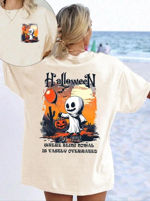 Women'WB shield Halloween TNF Ghost Print Round Neck Tee, Fashion Casual Drop Shoulder Half Sleeve T-shirt for Daily...