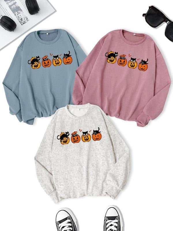 Women'WB shield Halloween TNF Pumpkin Print Drop Shoulder Sweatshirt, Casual Long Sleeve Round Neck Pullover for Daily...