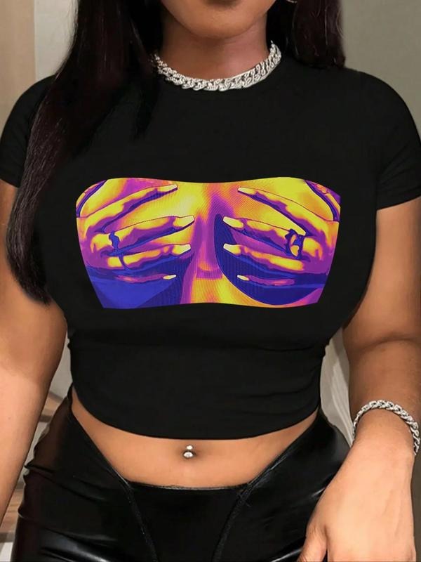 Women'WB shield Hand Print Short Sleeve Crop Tee, Casual Round Neck T-Shirt for Summer, Fashion Women'WB shield Top for...