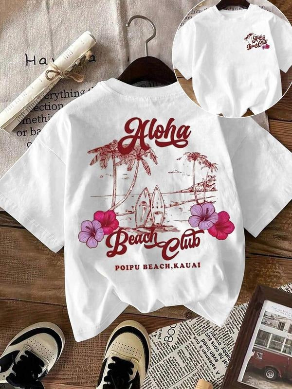 Women'WB shield Hawaii Beach Vacation Round Neck Graphic Tee, Casual Short Sleeve T-shirt for Daily Wear, Ladies Summer...