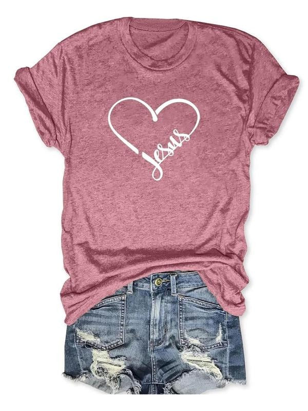 Women'WB shield Heart & "jesus" Letter Print Round Neck Tee, Casual Short Sleeve Crew Neck T-shirt for Daily Wear, Ladies...