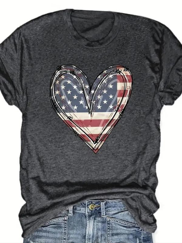 Women'WB shield Heart & American Flag Print Round Neck Tee, Casual Short Sleeve Crew Neck T-Shirt for Summer, Fashion...