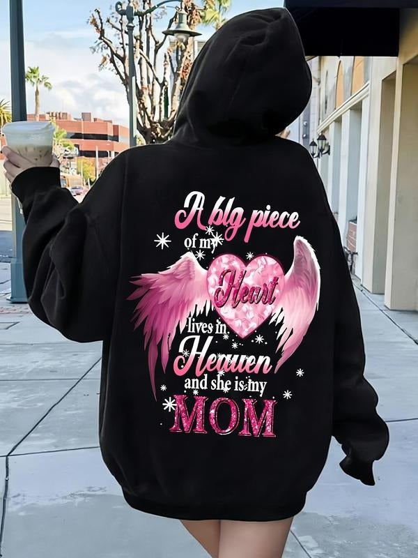 Women'WB shield Heart & Angel Wing Print Drop Shoulder Hoodie, Fashion Casual Letter Print Drawstring Pocket Hooded...