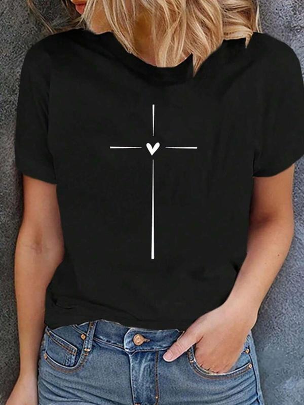 Women'WB shield Heart & Cross Print Round Neck Tee, Casual Short Sleeve Crew Neck T-shirt for Summer, Fashion Women'WB...