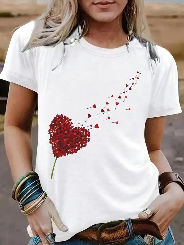 Women'WB shield Heart & Dandelion Print Round Neck Tee, Vintage Trendy Casual Short Sleeve T-shirt for Daily Wear, Ladies...