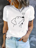 Women'WB shield Heart & Dog Print Round Neck Tee, Fashion Casual Short Sleeve T-shirt, Ladies Summer TNF for Daily Wear