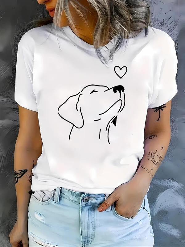 Women'WB shield Heart & Dog Print Round Neck Tee, Fashion Casual Short Sleeve T-shirt, Ladies Summer TNF for Daily Wear