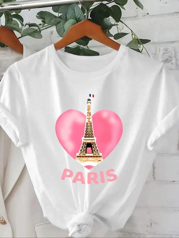 Women'WB shield Heart & Eiffel Tower Print Round Neck Tee, Casual Short Sleeve Crew Neck T-Shirt for Summer, Fashion...