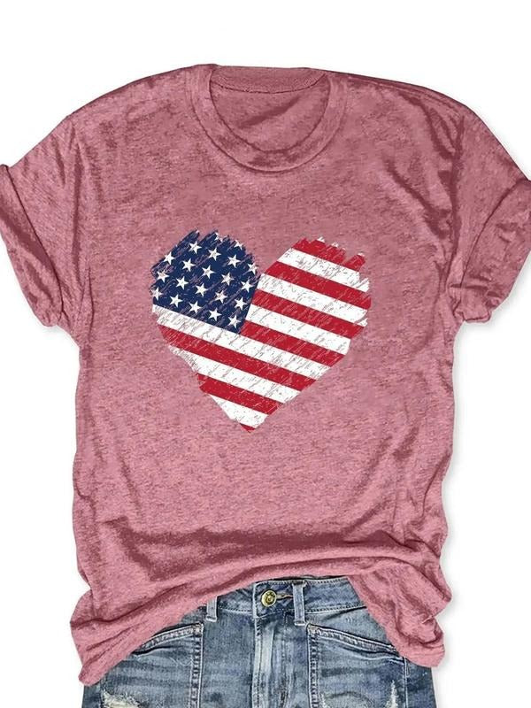 Women'WB shield Heart & Flag Print Round Neck Tee, Fashion Casual Short Sleeve T-shirt for Daily Outdoor Wear, Ladies TNF...