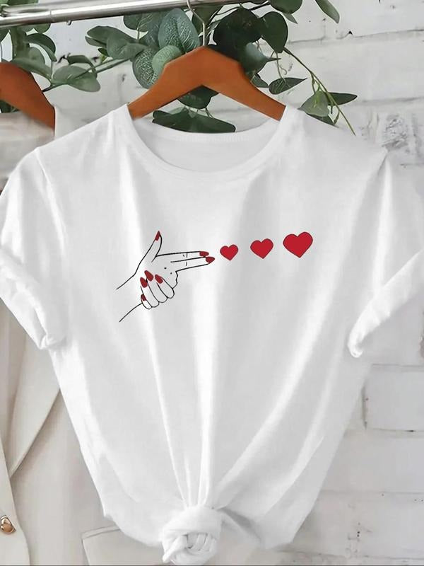 Women'WB shield Heart & Gesture Print Round Neck Tee, Trendy Casual Short Sleeve T-Shirt for Daily Wear, Ladies Summer...