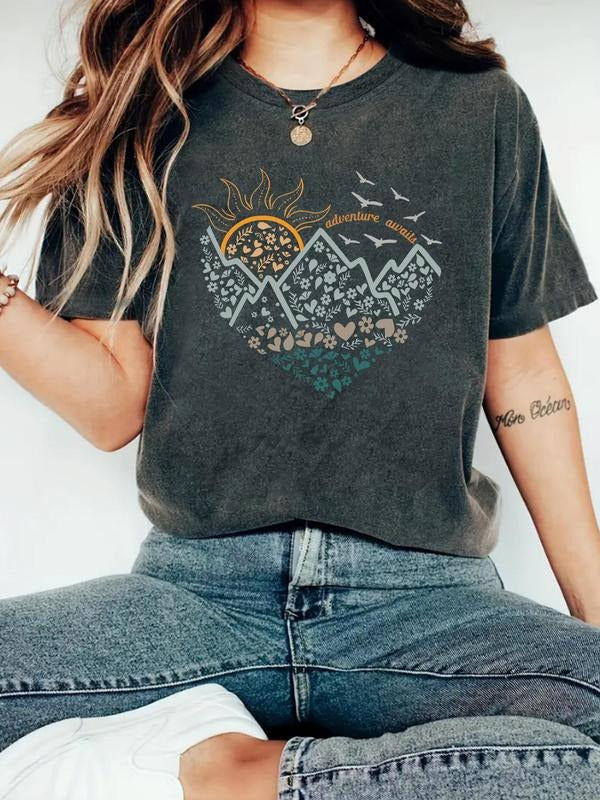 Women'WB shield Heart & Landscape Print Round Neck Tee, Casual Short Sleeve Crew Neck T-shirt for Summer, Fashion...