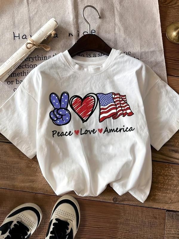 Women'WB shield Heart & Letter & Flag Print Short Sleeve Tee, Casual Round Neck T-shirt for Summer, Fashion Simple Women'WB shield Top for Daily Wear