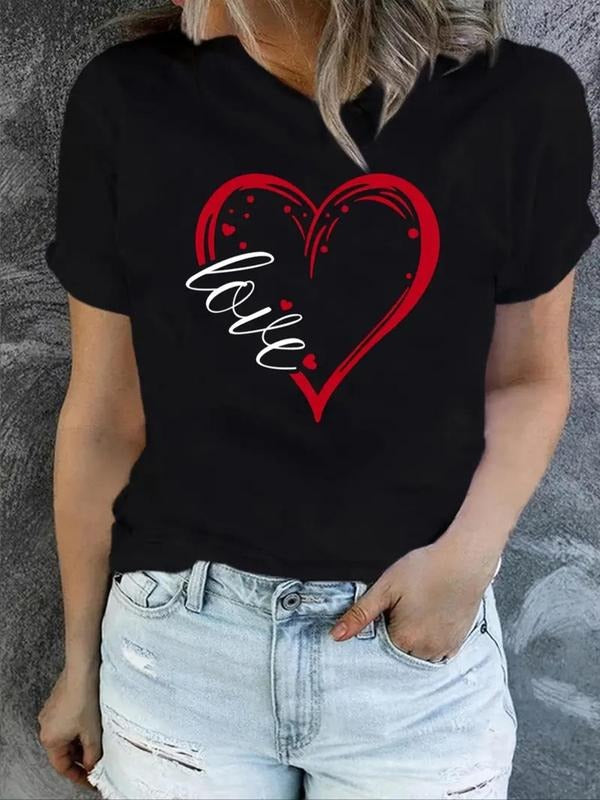 Women'WB shield Heart & Letter "LOVE" Print Round Neck Tee, Casual Short Sleeve T-Shirt for Summer, Ladies TNF for Daily...