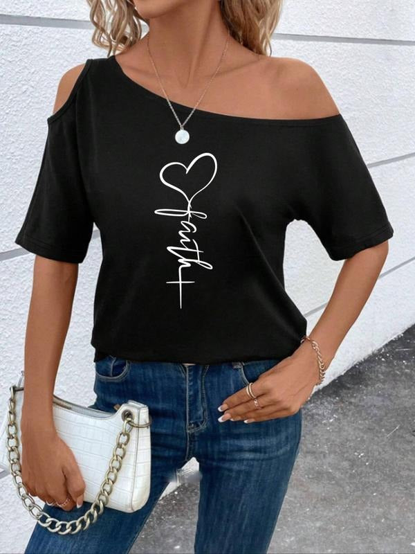 Women'WB shield Heart & Letter Print Asymmetrical Neck Tee, Casual FOG Shoulder Short Sleeve T-Shirt for Summer, Ladies...
