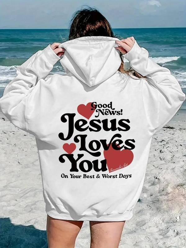 Women'WB shield Heart & Letter Print Drawstring Pocket Hoodie, Casual Drop Shoulder Long Sleeve Hooded Sweatshirt, Ladies...