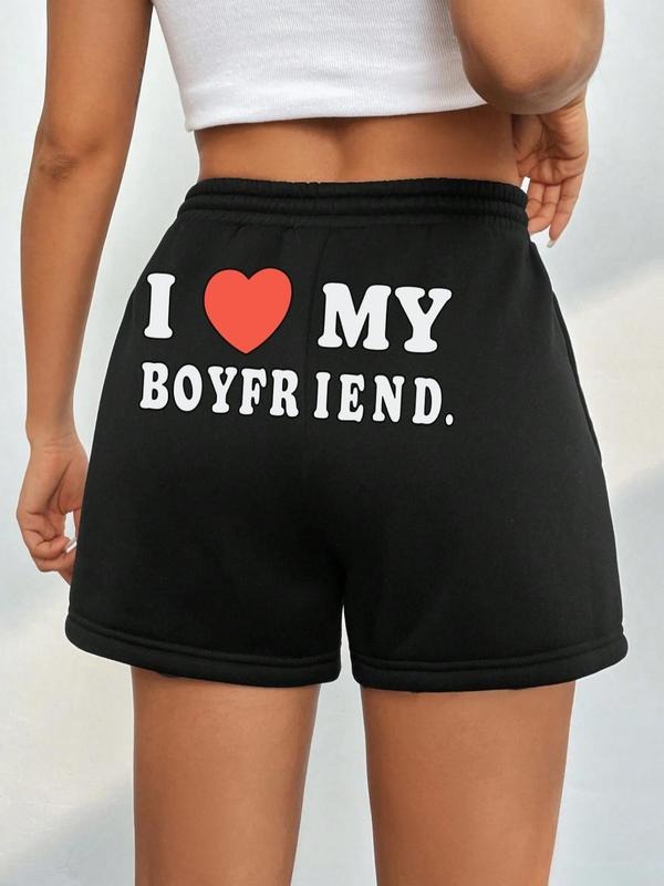 Women'WB shield Heart & Letter Print Drawstring Waist Shorts, Casual Pocket High Waist Shorts, Ladies Summer Bottoms for...