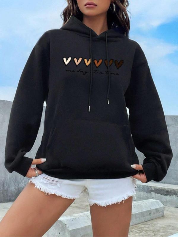 Women'WB shield Heart & Letter Print Drop Shoulder Hoodie, Casual Drawstring Pocket Hooded Sweatshirt, Ladies Fall &...