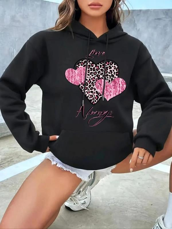 Women'WB shield Heart & Letter Print Drop Shoulder Hoodie, Fashion Casual Drawstring Pocket Hooded Sweatshirt for Daily...