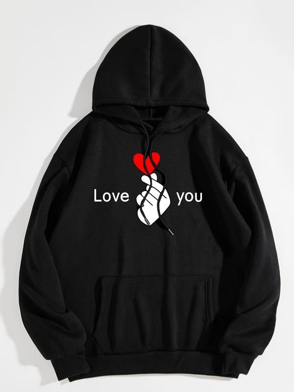 Women'WB shield Heart & Letter Print Drop Shoulder Hoodie, Fashion Casual Drawstring Pocket Hooded Sweatshirt for Daily...