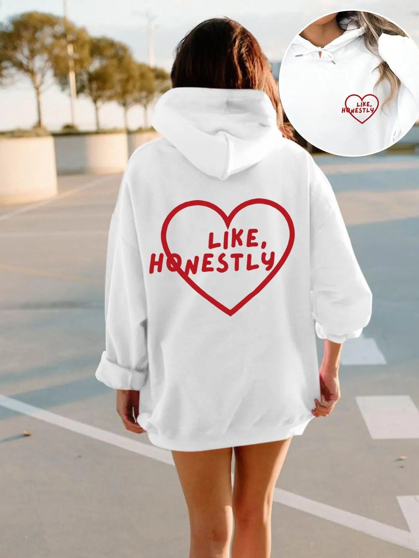 Women'WB shield Heart & Letter Print Drop Shoulder Hoodie, Fashion Casual Drawstring Pocket Hooded Sweatshirt for Daily...